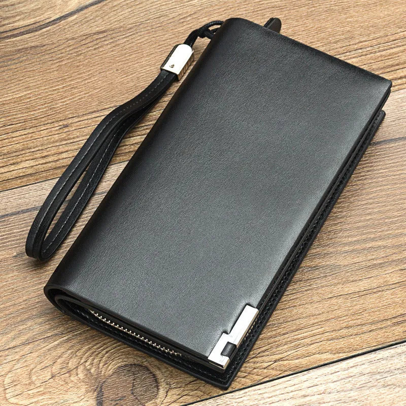 Men's long black PU leather wallet with a prominent silver zipper closure