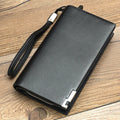 Men's long black PU leather wallet with a prominent silver zipper closure