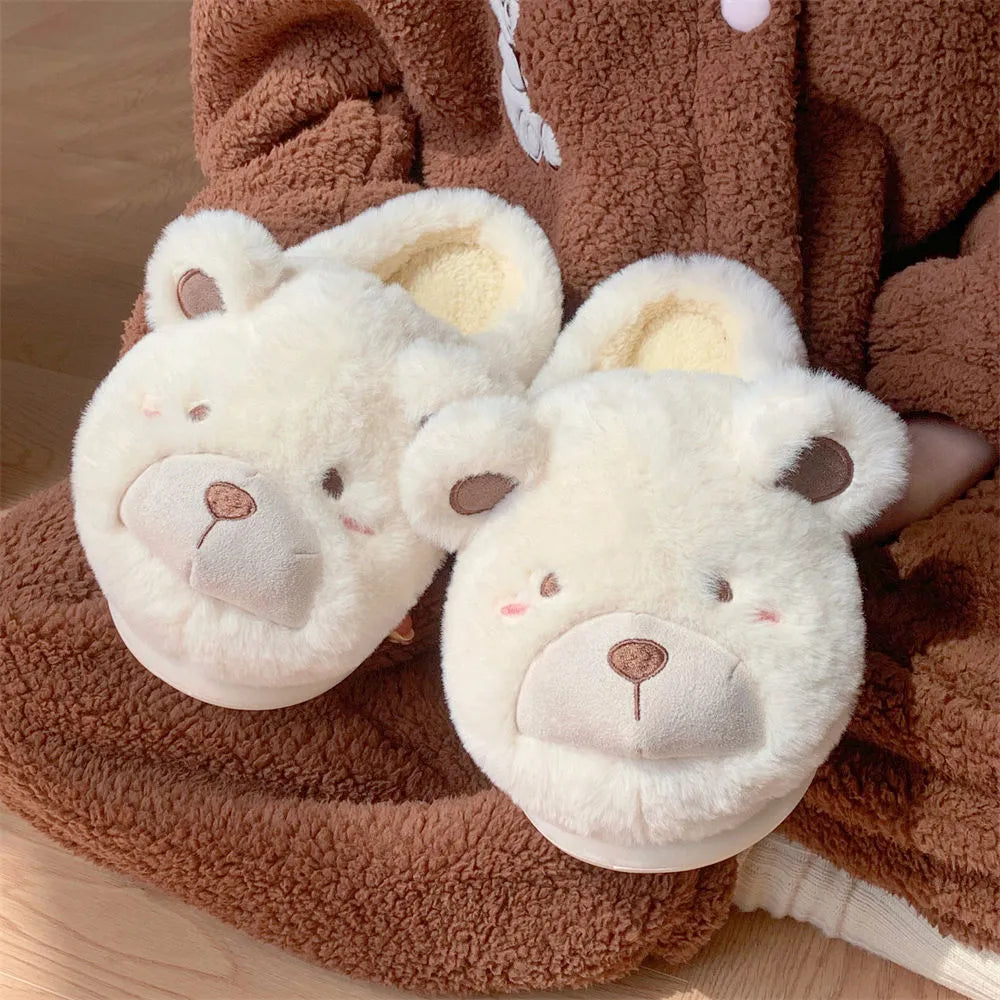 Ladies' plush slippers with suede upper, cartoon pattern, and round-toe design in milky white colour