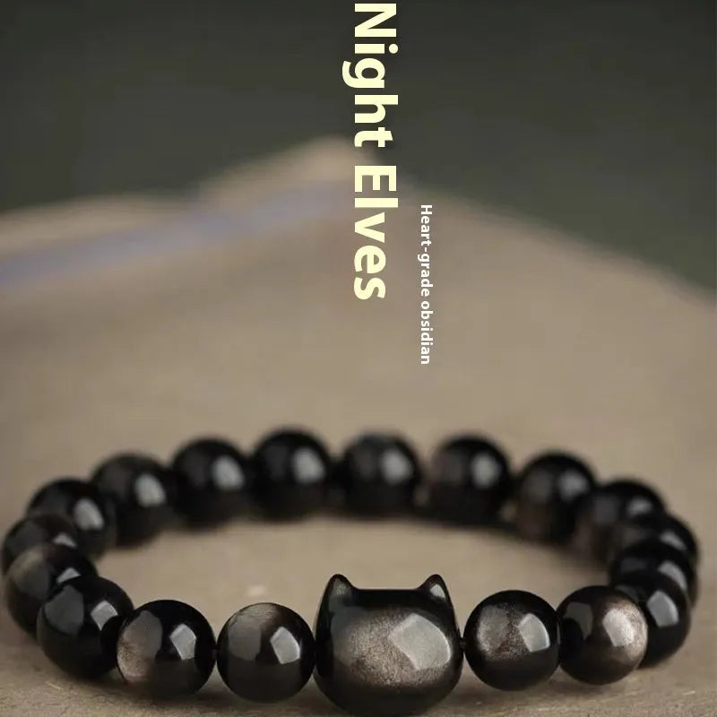 Natural obsidian cat head bracelet with polished round beads, silver style, 8mm size