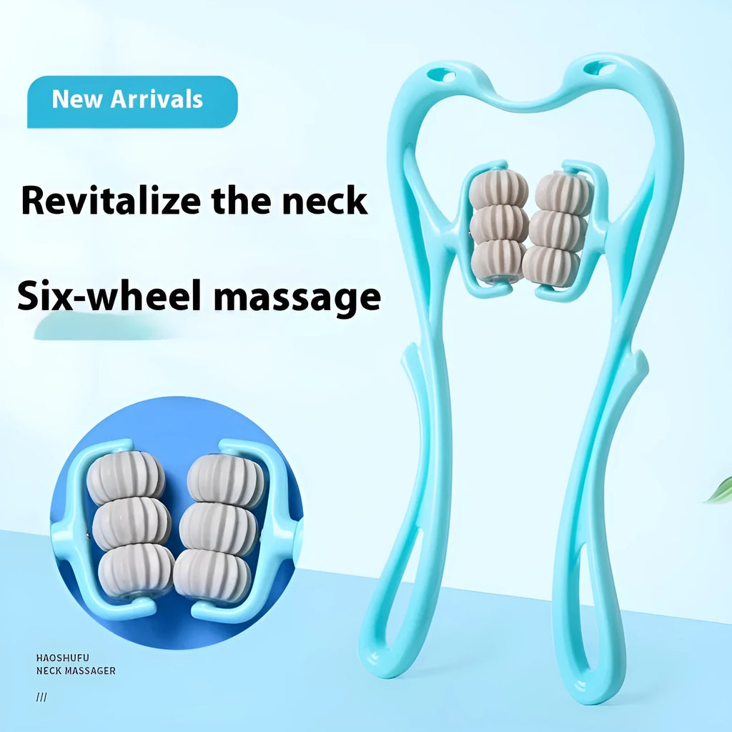 Blue plastic handheld massager with six rotating wheels for neck, shoulder and waist.