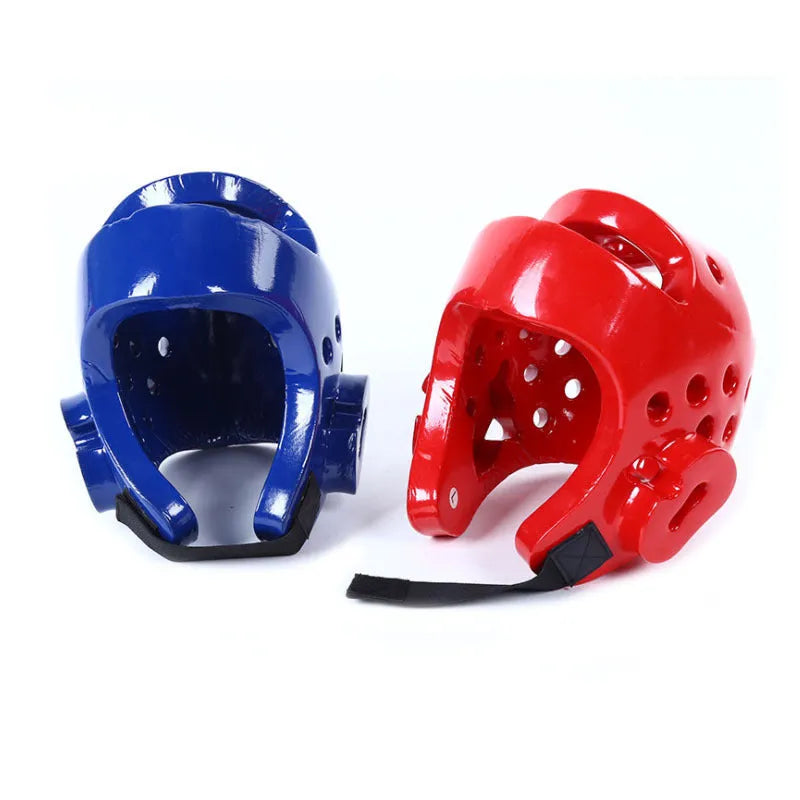 Martial arts protective gear set with red leg guards, helmet, and boxing gloves for karate training