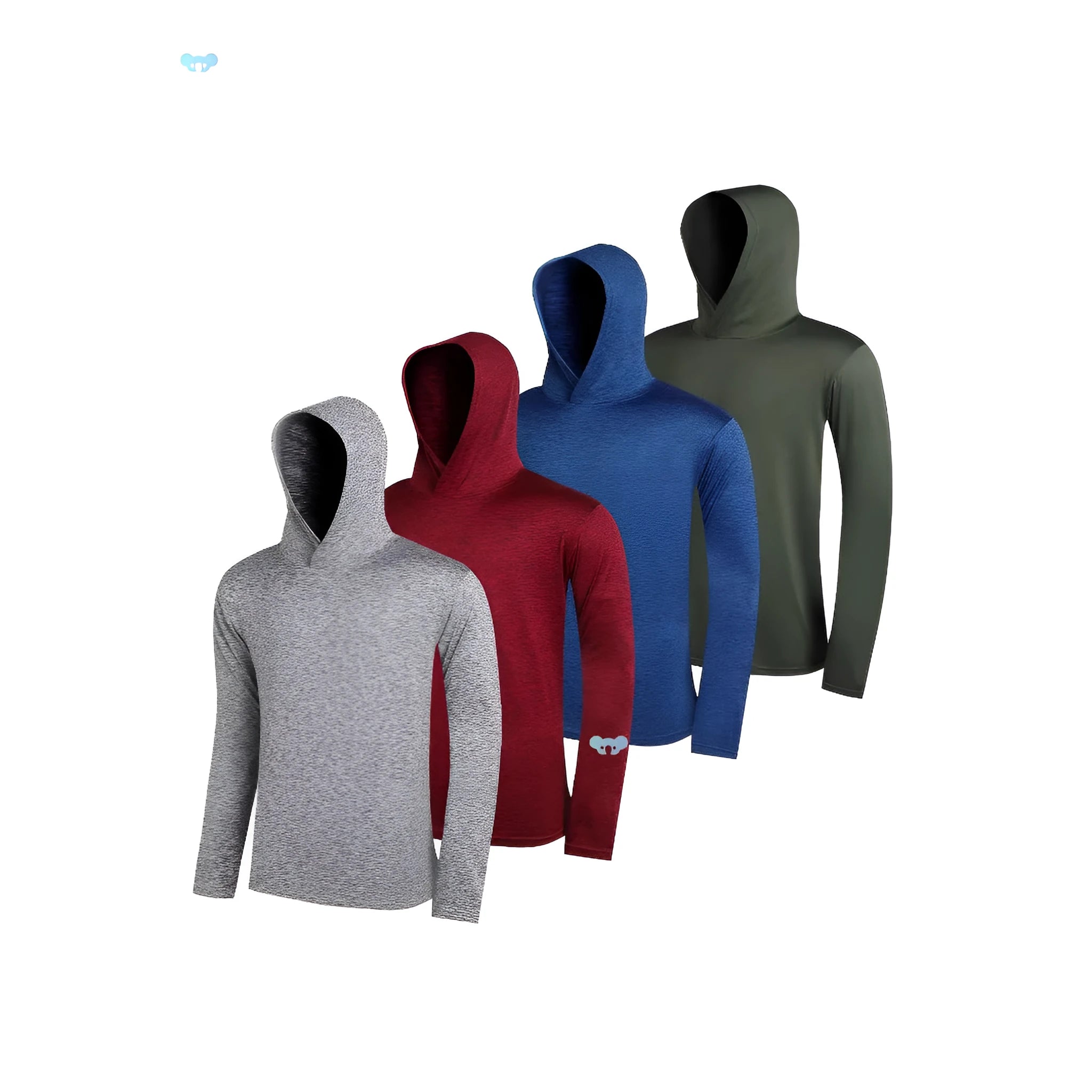 Four men's lightweight polyester hoodies in different colours displayed together as a coordinated set