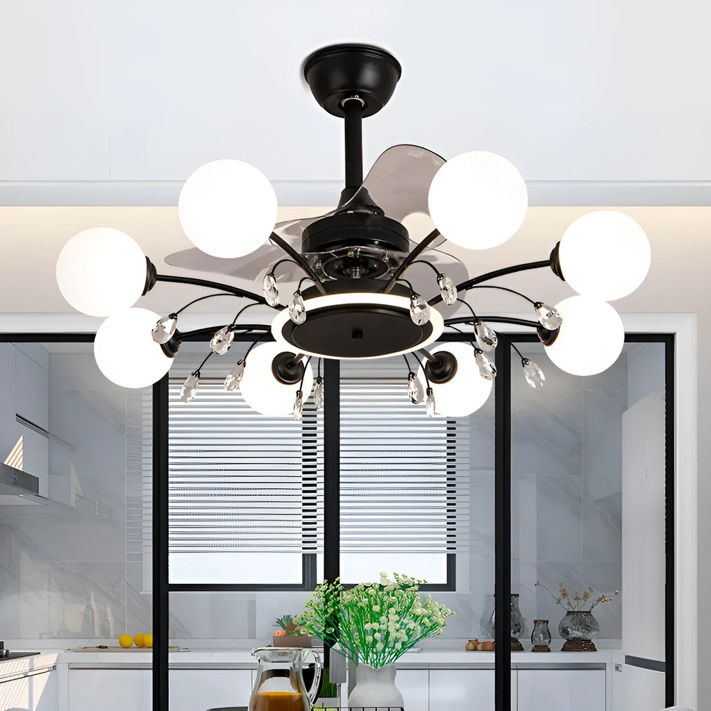 Gold finish ceiling fan chandelier with multiple lights and metal blades, shown on a white ceiling.