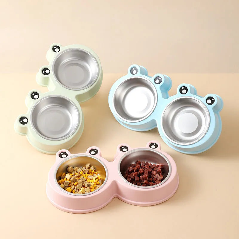 Stainless steel pet double bowl with non-slip frog base in blue, green, and pink colour options
