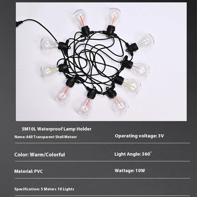 Outdoor waterproof string lights with 10 A60 transparent meteor bulbs on 5m cable