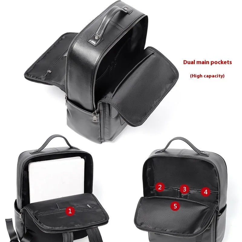 Large black leather men's computer backpack with weaving detail and a physiological curve back.