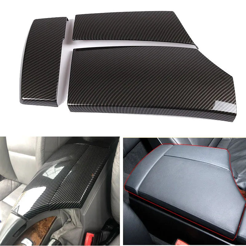 Black ABS carbon fibre pattern armrest protective cover set for car centre console, three pieces shown.