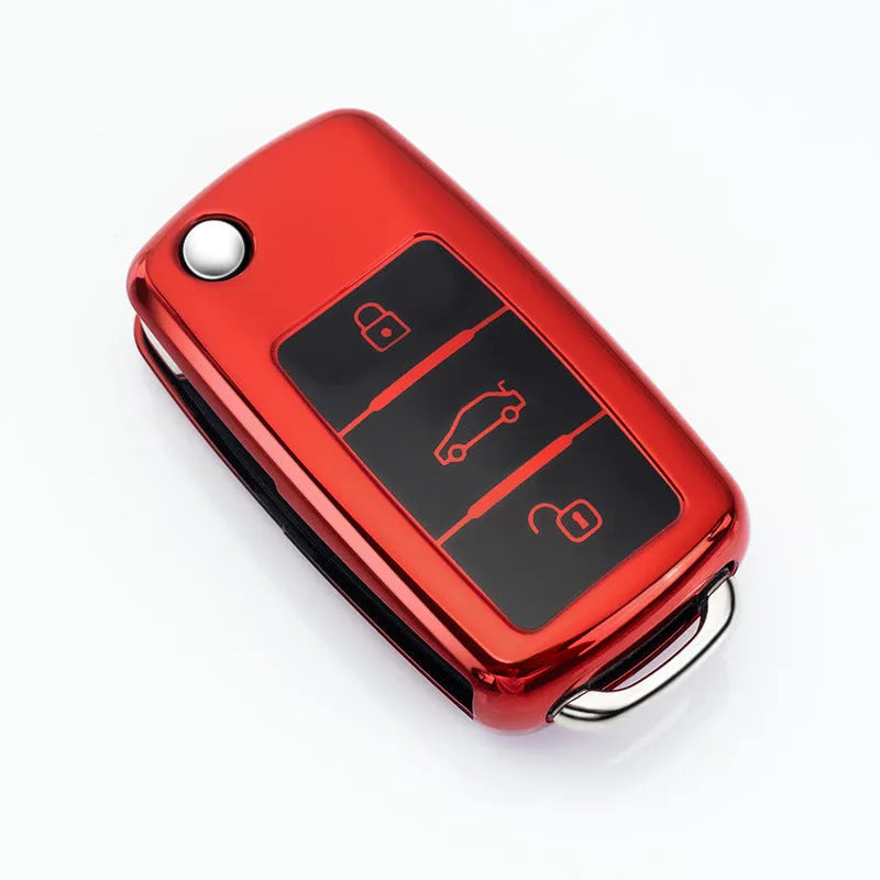 VW Model A car key bag with buckle attachment holding three folding keys in TPU material