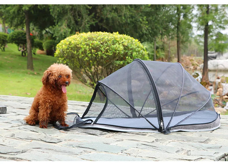 Portable folding cat tent with half-mesh panels in black or blue colour options