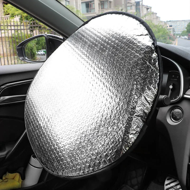 Aluminium foil steering wheel sunshade cover with brand logo pattern for universal fit