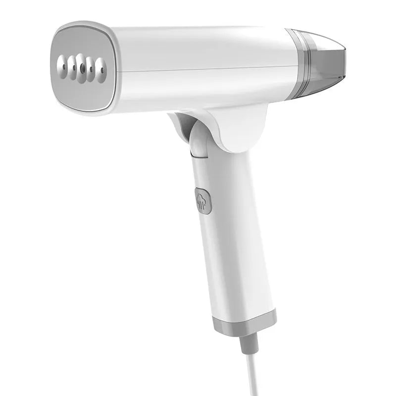 Handheld garment steamer in blue or white colours with 1300W power rating and compact design