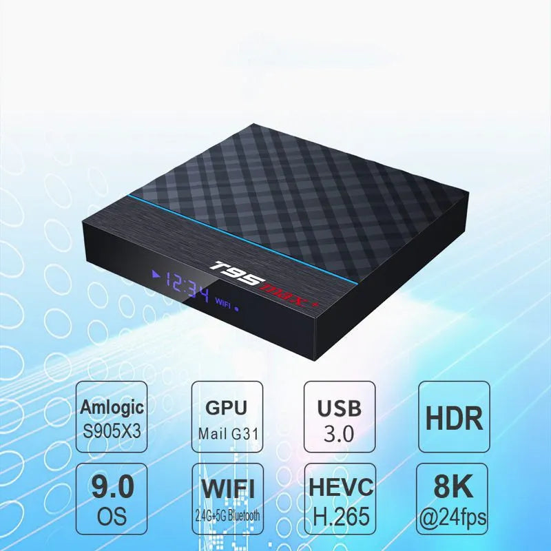 Black T95 Max Plus Android TV box with remote control, showing UK power plug
