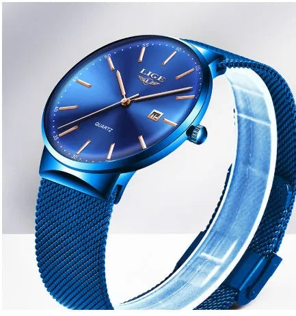 Men's stainless steel watch with 40mm dial on a metal bracelet in black, blue, or two-tone colour