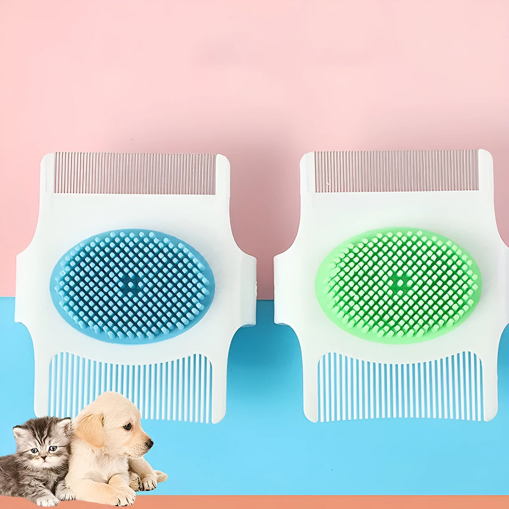 Blue and green multifunctional pet comb with floating teeth for hair removal and massage