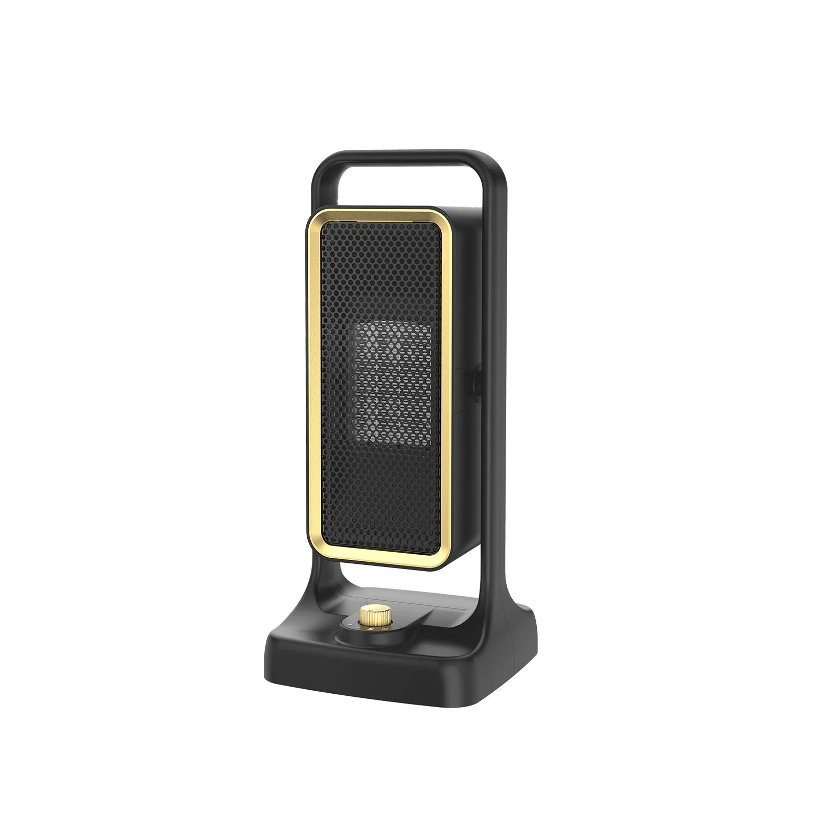 Black desktop PTC ceramic heater with knob control, measuring 14.9cm wide by 33.5cm tall