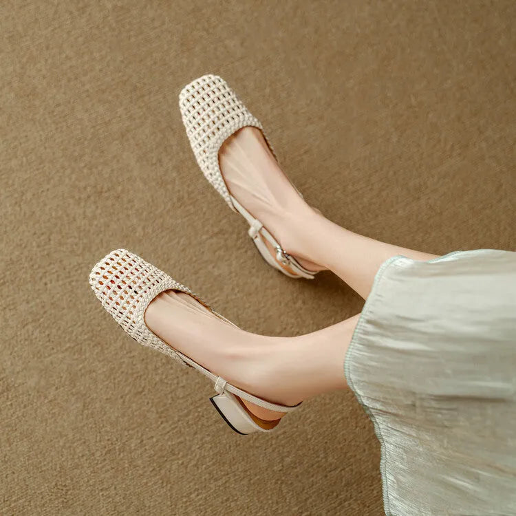 Women's beige woven sandals with chunky heel, closed square toe, and a buckle strap.