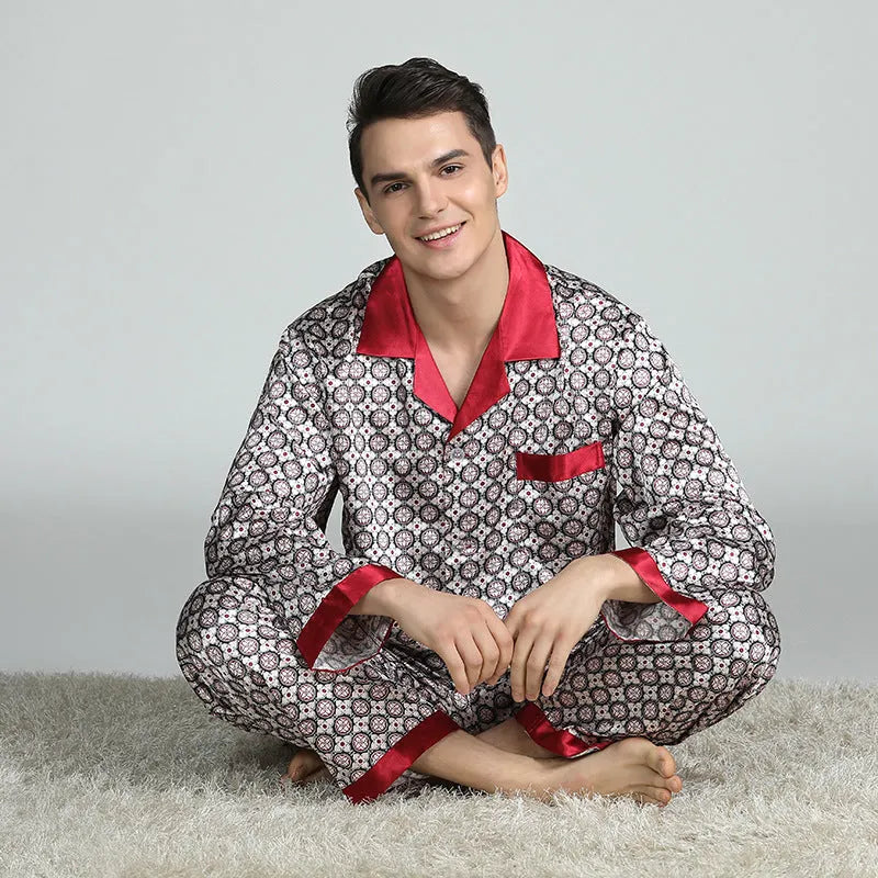 Men's printed long-sleeved pajama suit in imitation silk polyester fiber, cardigan style with V-neck lapel collar and matching trousers