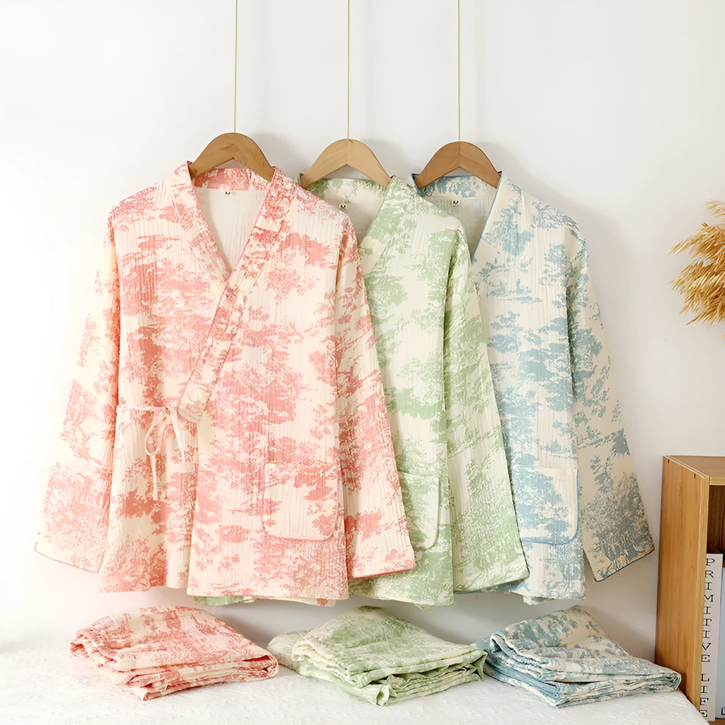 Pure cotton gauze ladies' long sleeve trousers suit in frosted pine trees colour