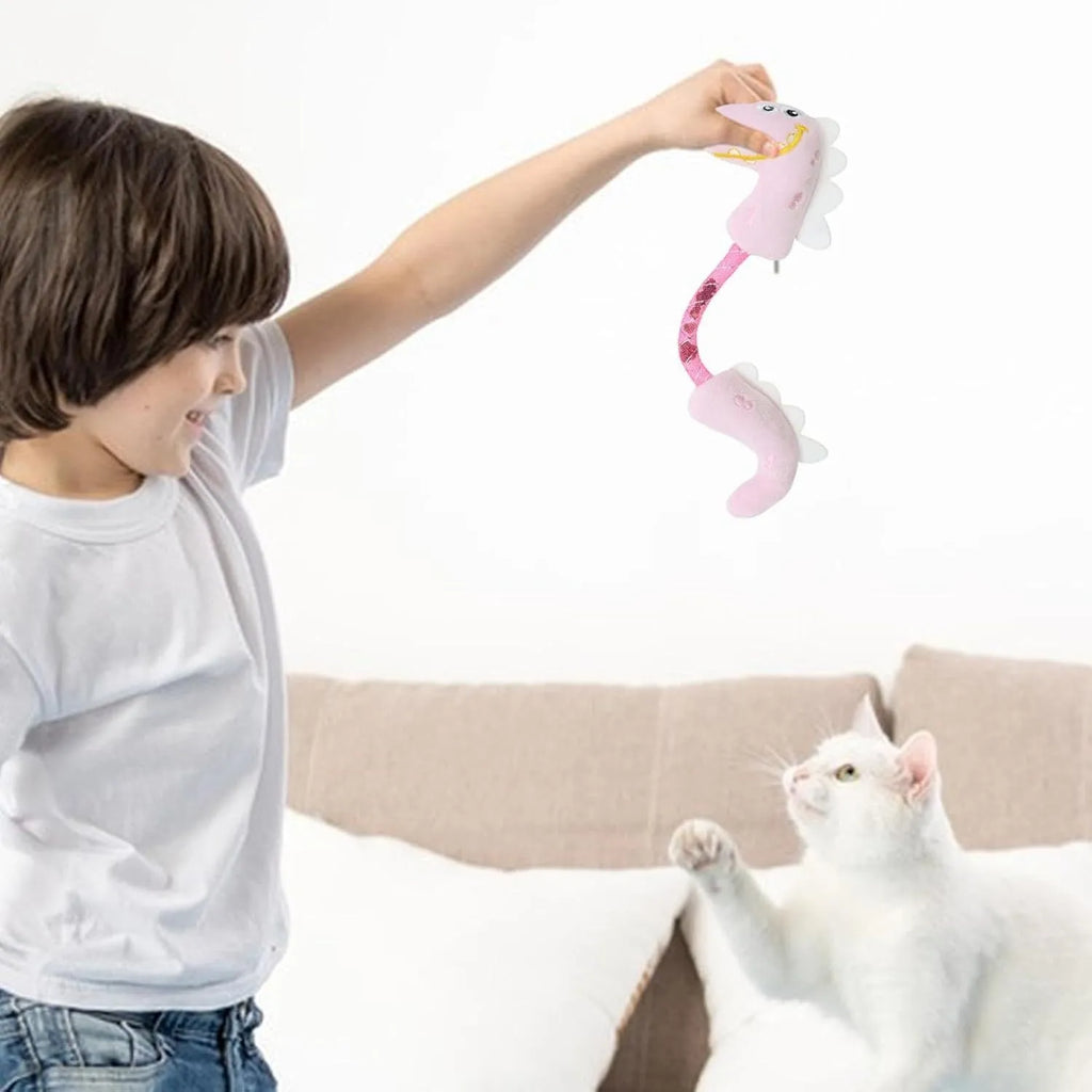 Set of four colourful cat toys including rope, springs, and plush kickers on a white background.