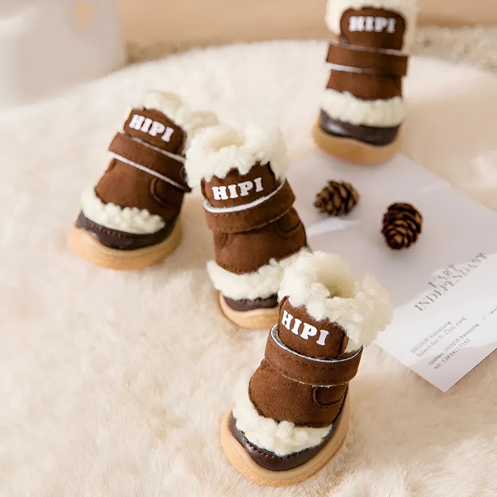 Brown winter dog shoes with adjustable Velcro straps and anti-slip rubber soles on a snowy surface