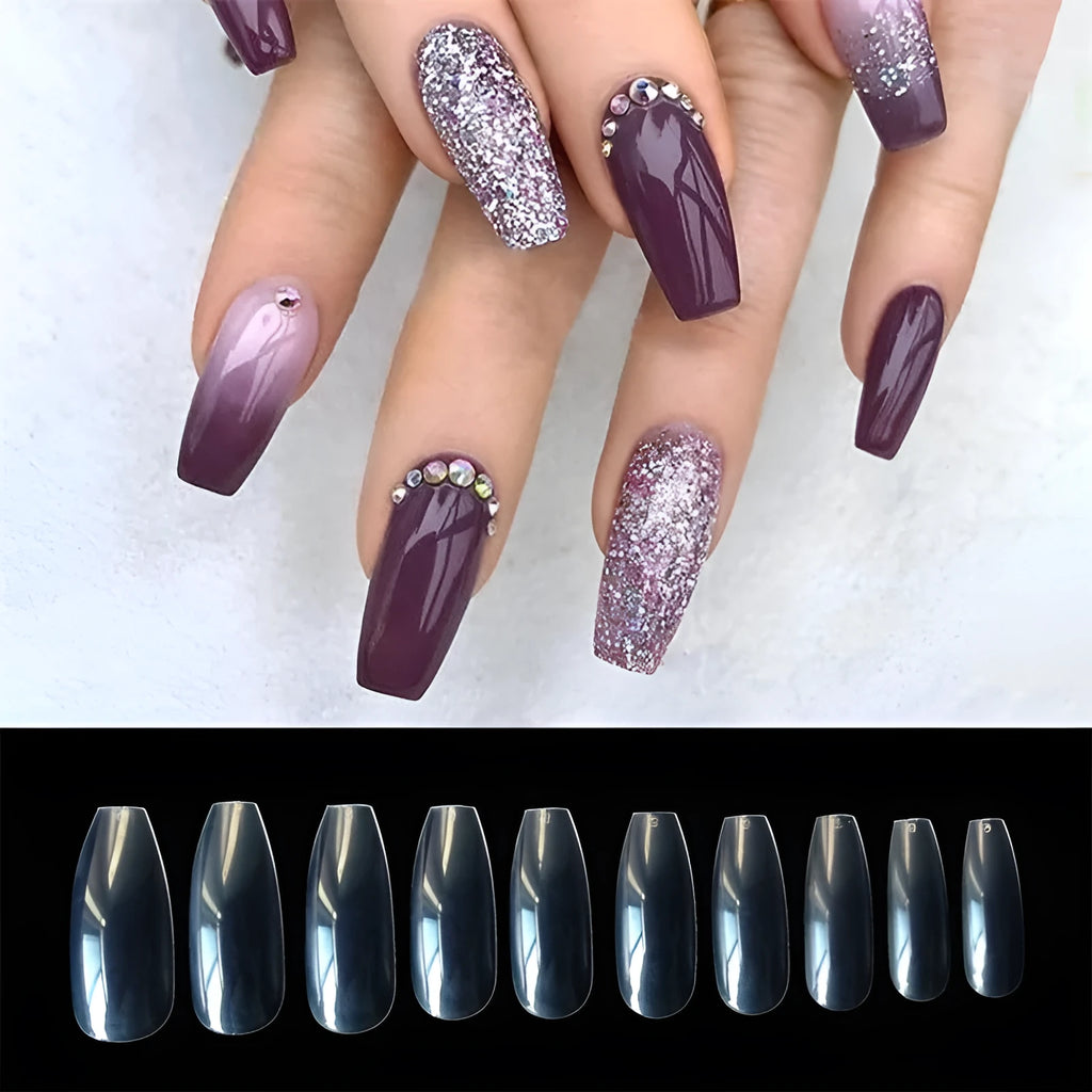 500 clear ABS false nails in 10 different sizes, laid out for professional or home manicure application