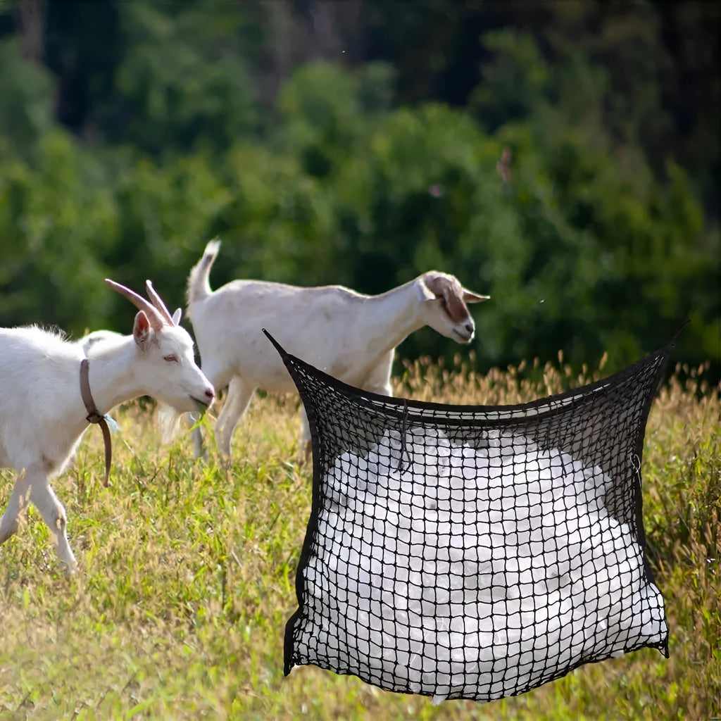 Black woven polyethylene rope hanging hay net for horses, showing the open grid pattern.