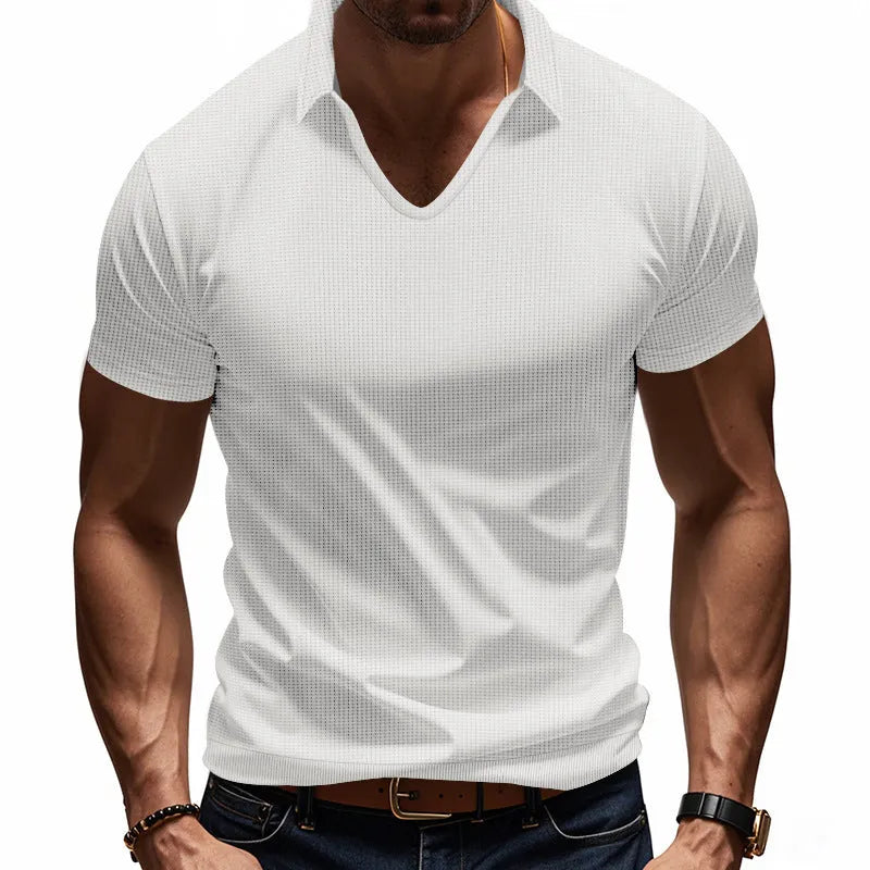 Men's loose fit V-neck T-shirt in apricot colour with short sleeves and cotton blend fabric