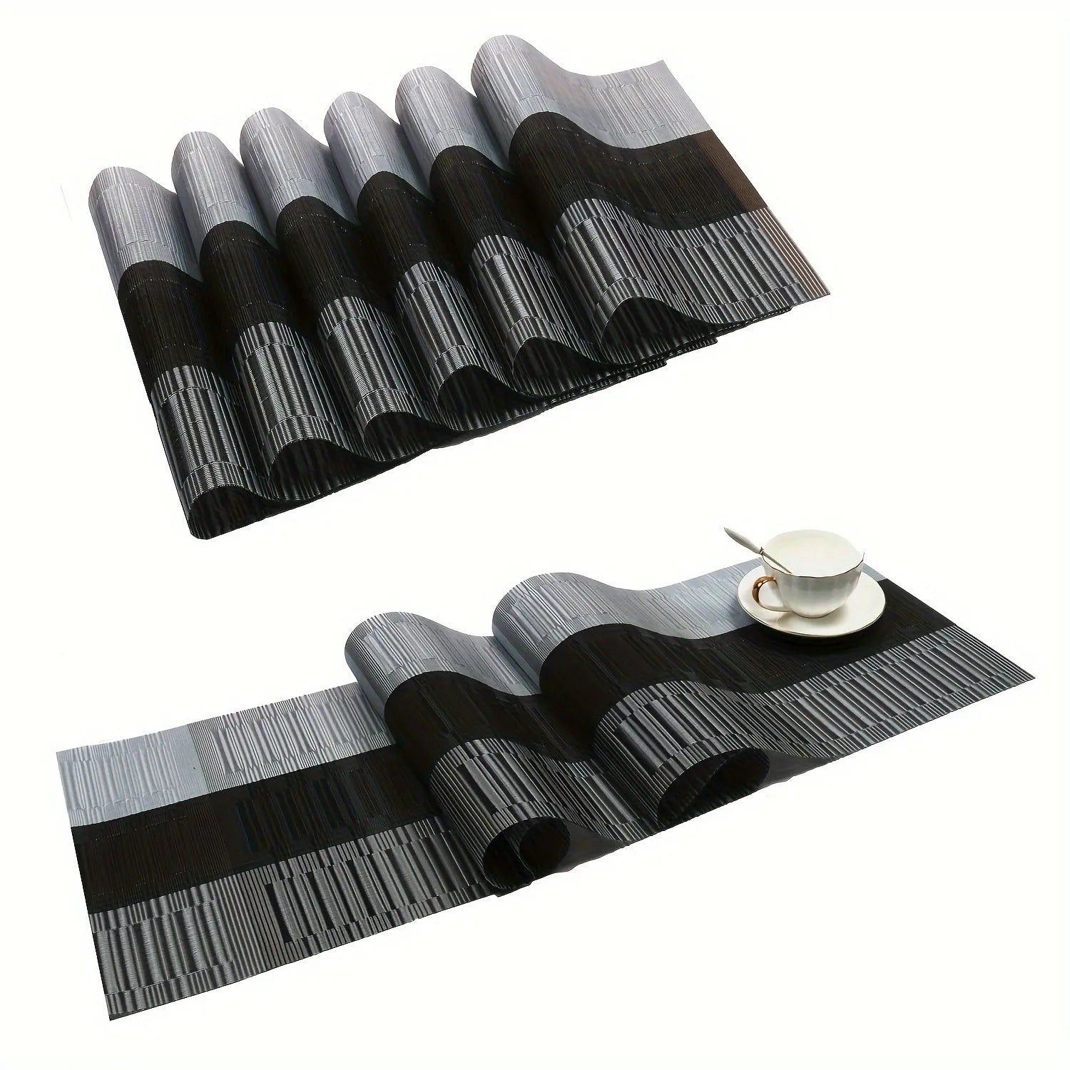 PVC non-slip placemat in gradient bamboo design protecting a kitchen countertop.
