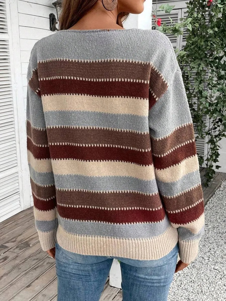 Women's colourblock striped polyester pullover sweater with long sleeves for autumn winter wear