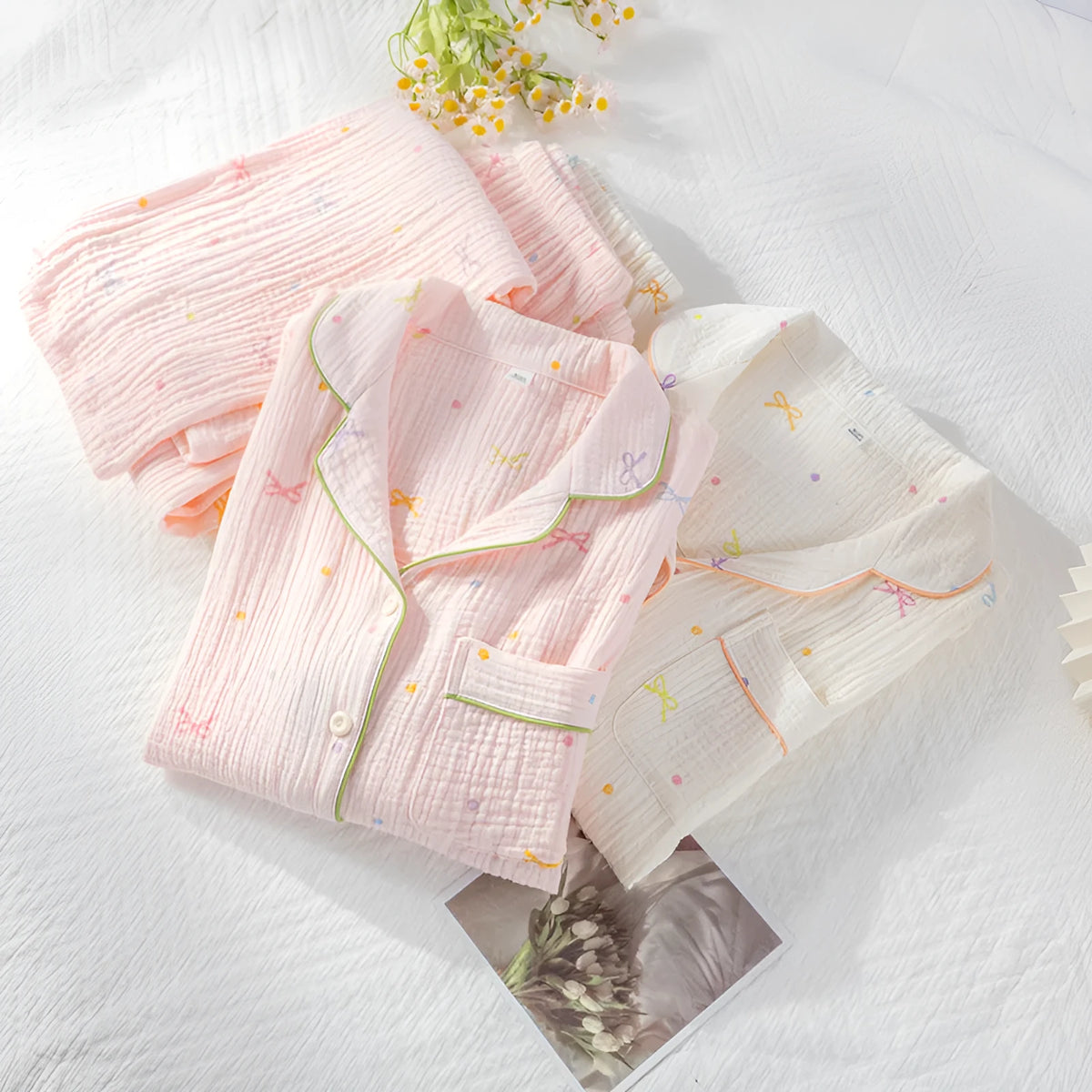 Women's pink cotton crepe pajama suit with long sleeves and matching trousers