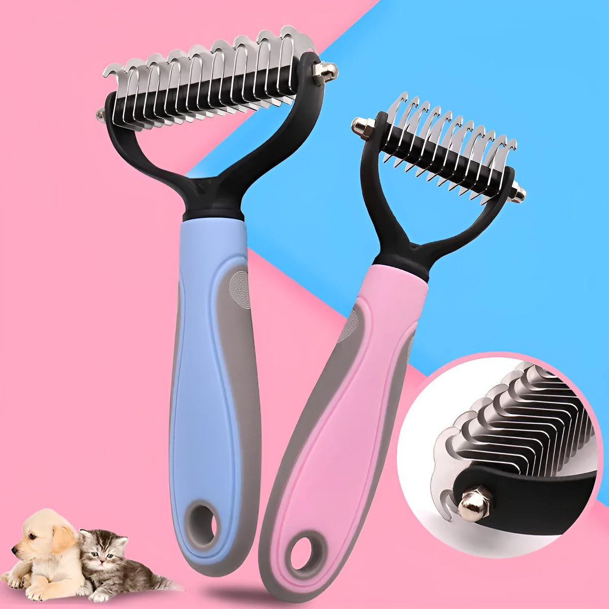 Double-sided stainless pet brush for dogs and cats with button hair removal and non-slip grip, blue or pink