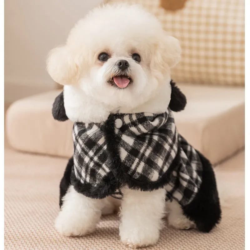 Two-piece pet winter outfit with vintage plaid hooded cape, matching dress, faux rabbit fur trim and velvet bow in Black or Brown