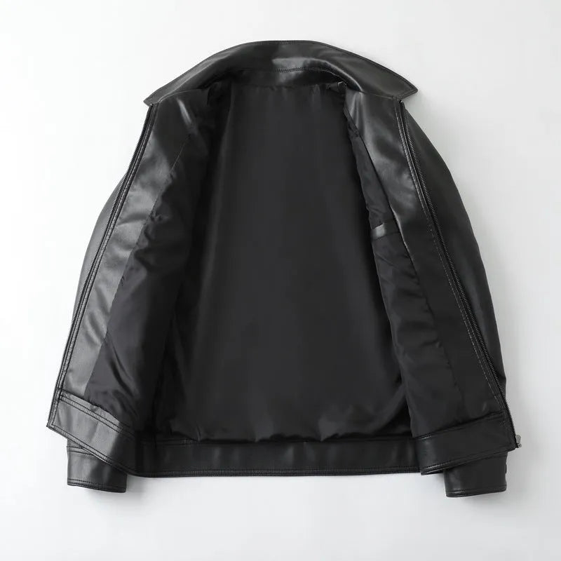 Men's black PU leather casual jacket with zip-up front and zipper pockets.