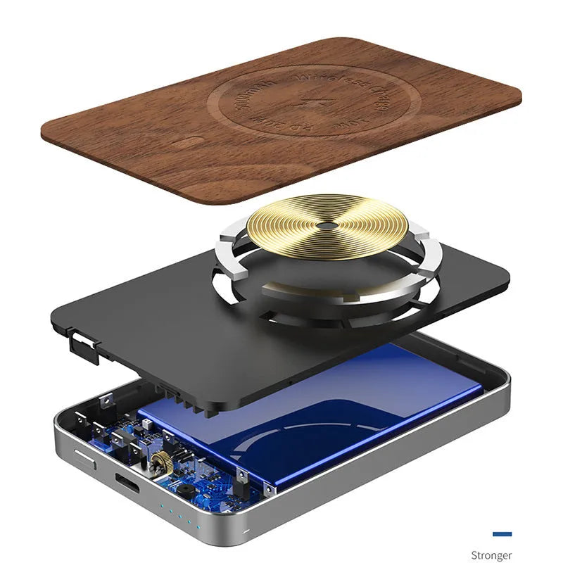 Khaki-coloured wireless magnetic charging bank with a 5000mAh capacity and alloy case.