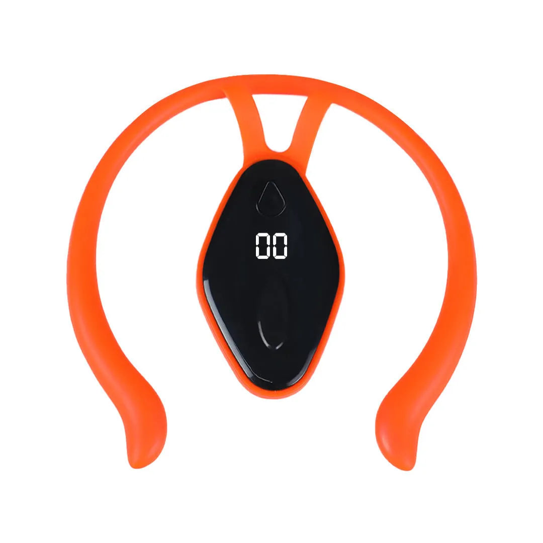 Children's smart LCD posture corrector with vibration reminder in black and orange, ergonomic design for invisible wearing