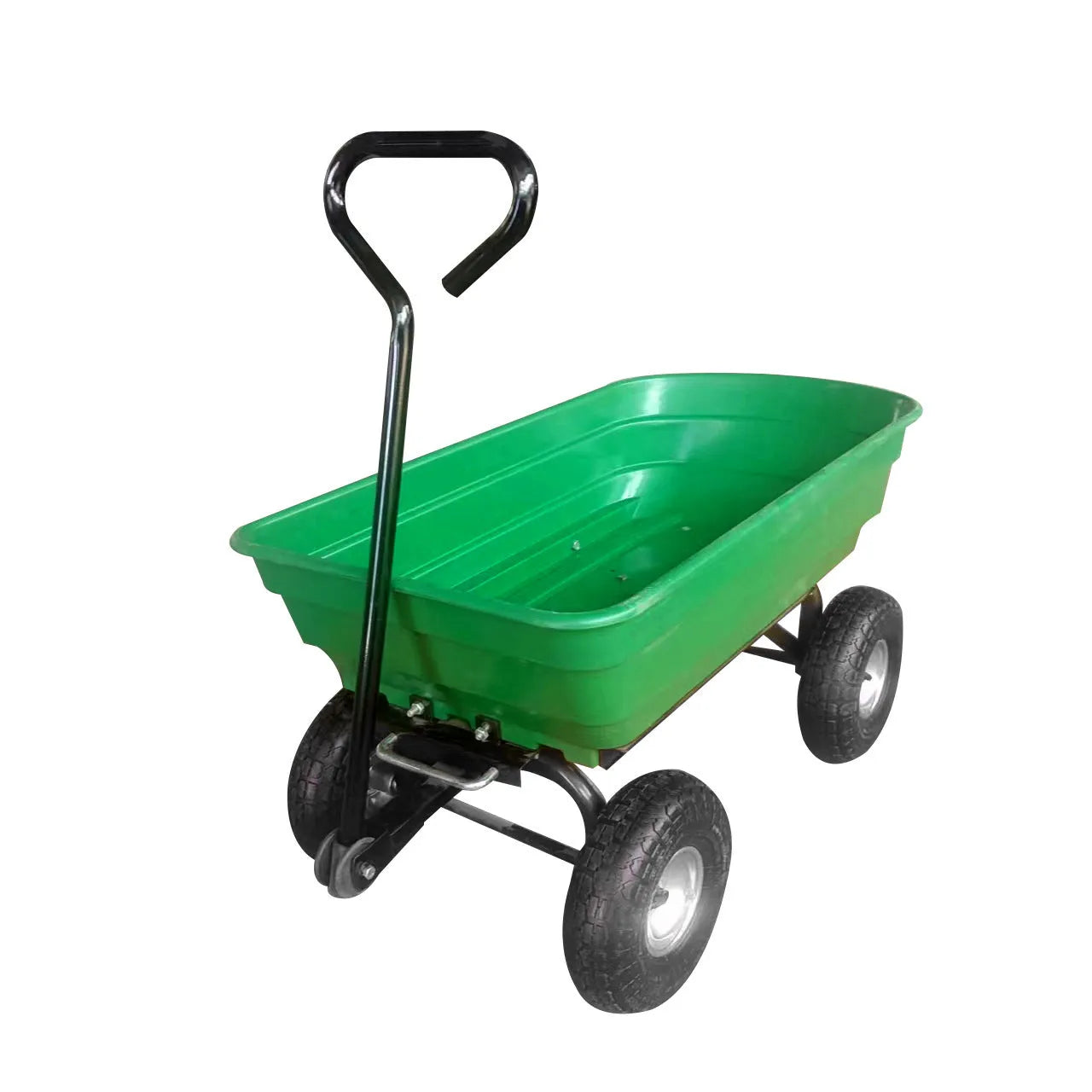 Green four-wheel plastic dump truck with steel PP construction and a tilting cargo bed.