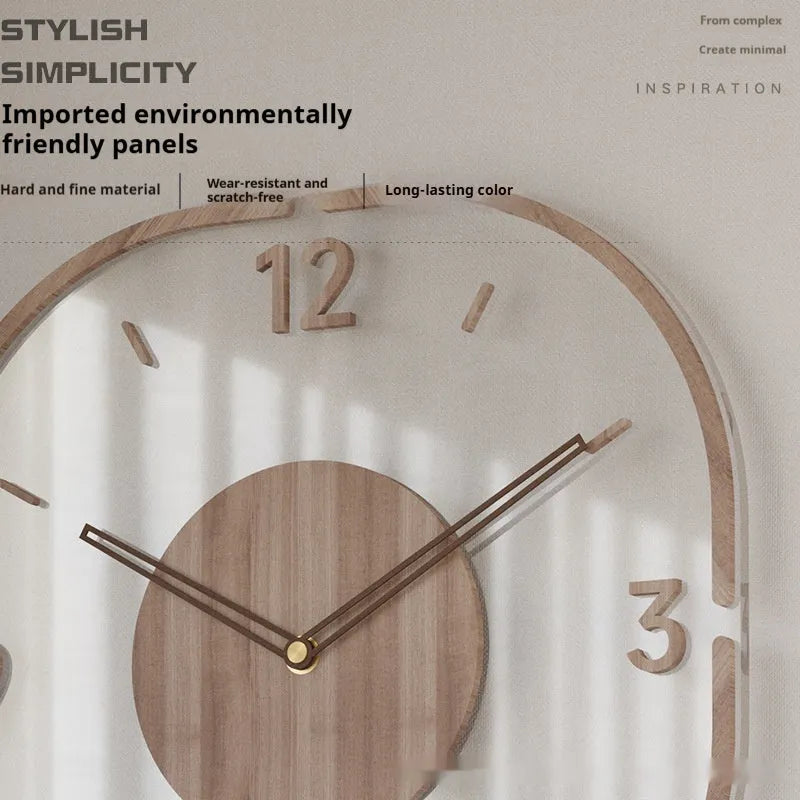 Wooden frame transparent wall clock with modern design showing clear time display