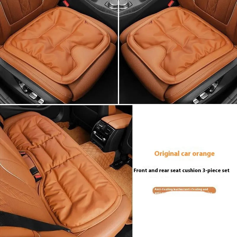 Anti-fouling leather car seat cushion in three-piece set for front and rear seats, colour option shown