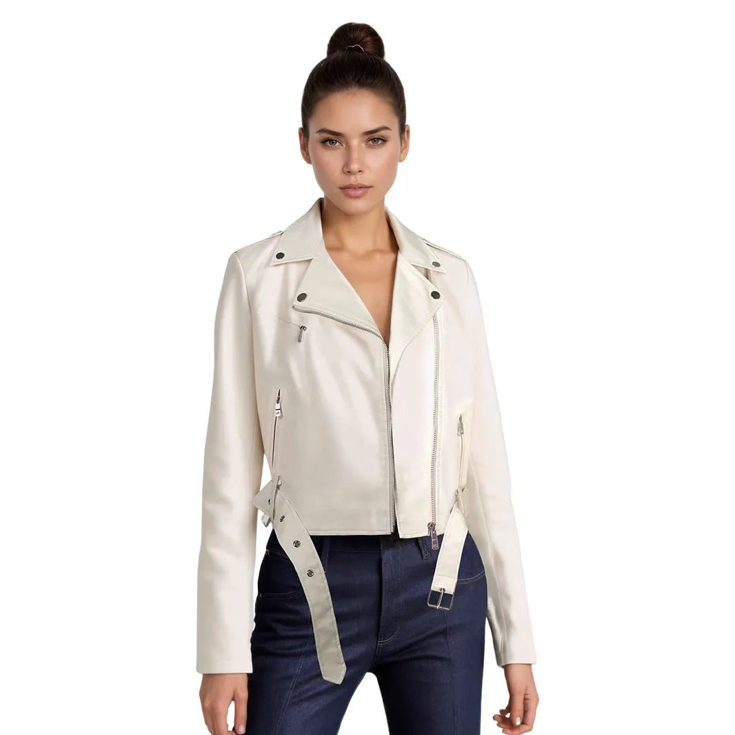 Women's black PU leather motorcycle jacket with lapel collar and waist belt detail