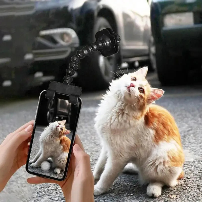 Black plastic pet photography clip holding a phone, with a rotating arm to grip dog or cat treats for photos.