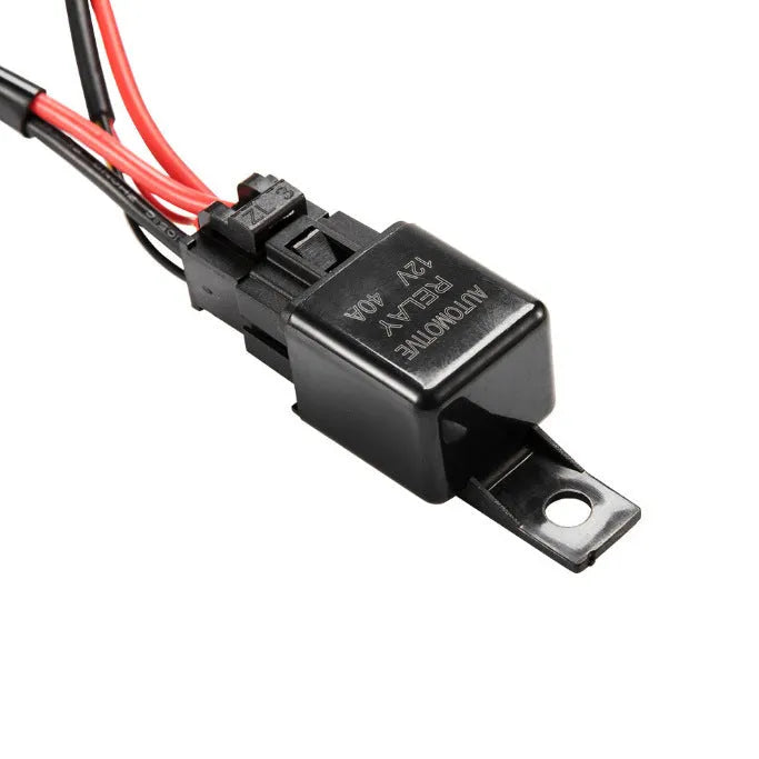 Black 2 metre off road LED spotlight wiring harness with integrated switch and one lamp