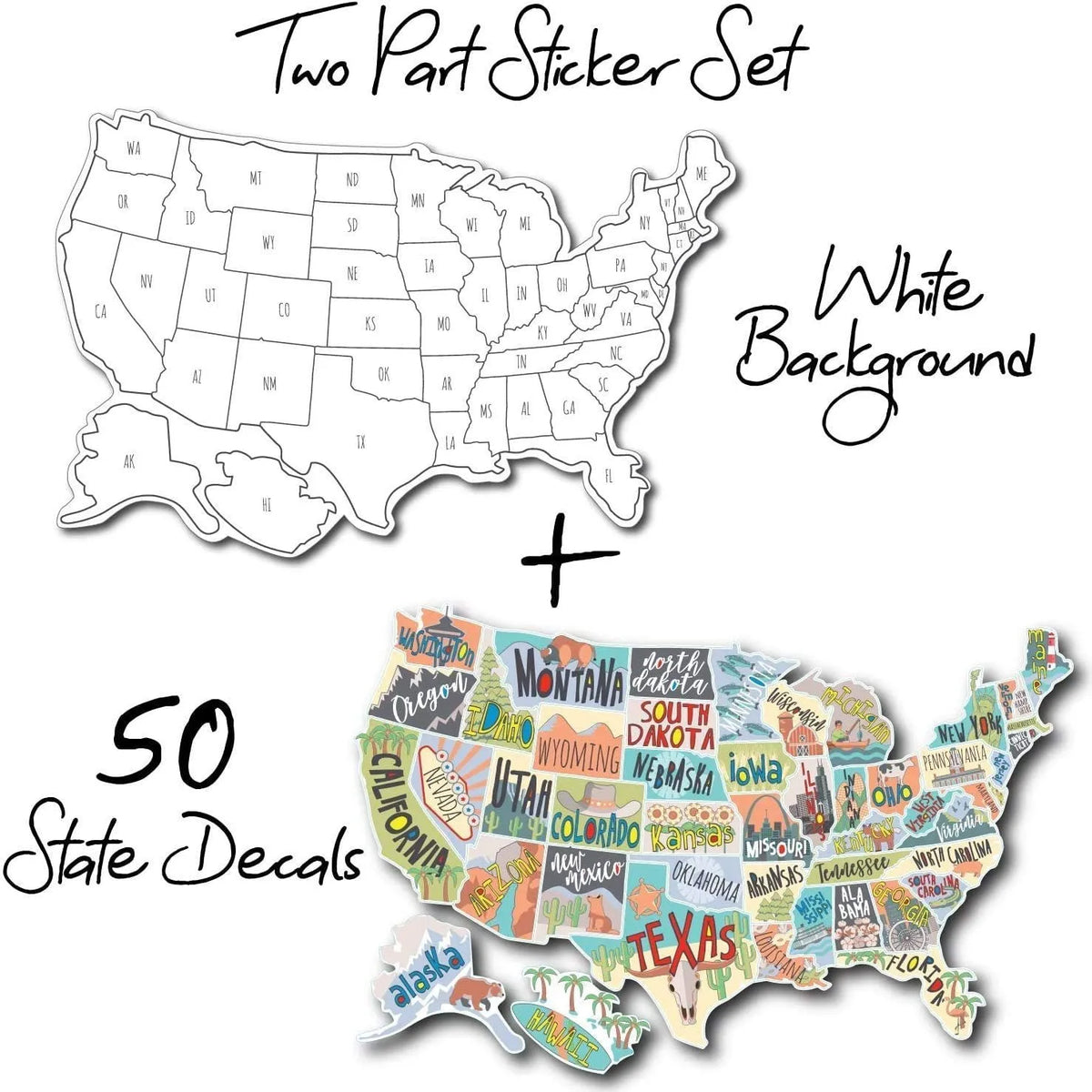 Travel car body sticker set showing adhesive letters with white background map design