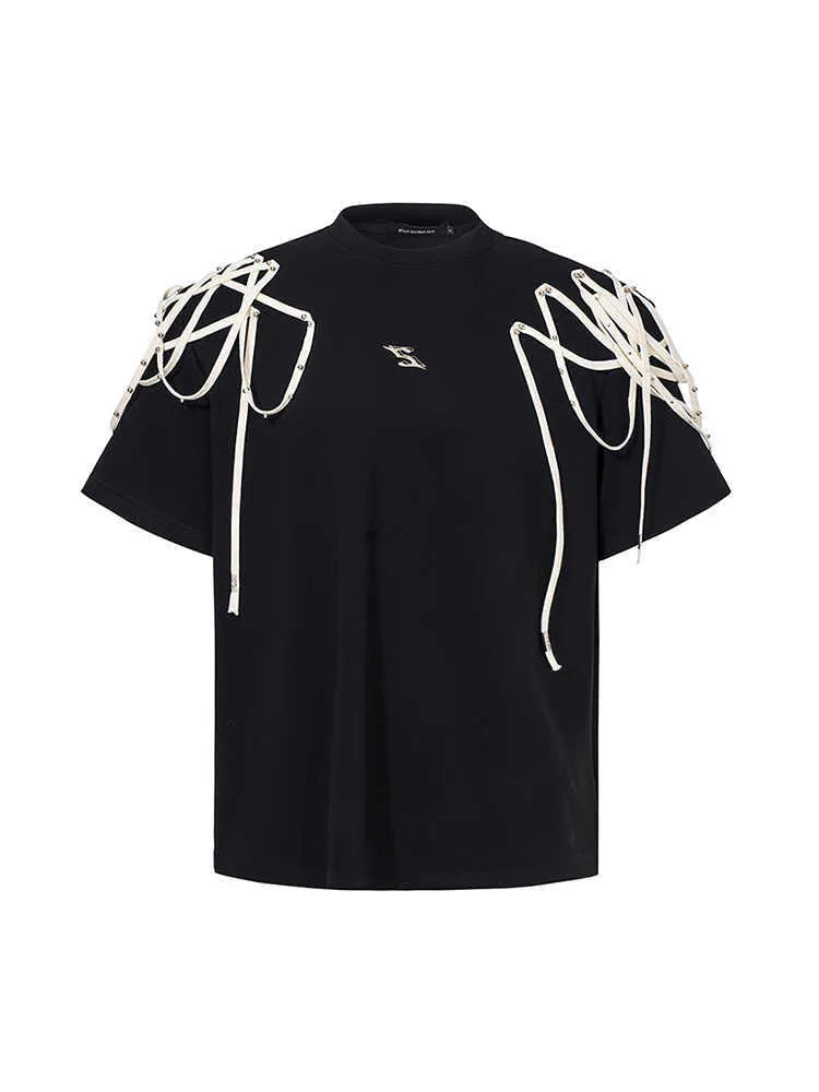 Black loose fit short sleeve t-shirt with rivet ribbon detail on padded shoulders.