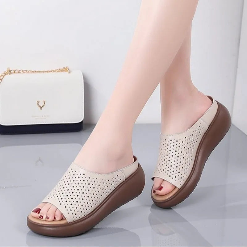 Women's peep toe open toe platform sandals with ethnic pattern, PU upper and rubber sole in beige colour