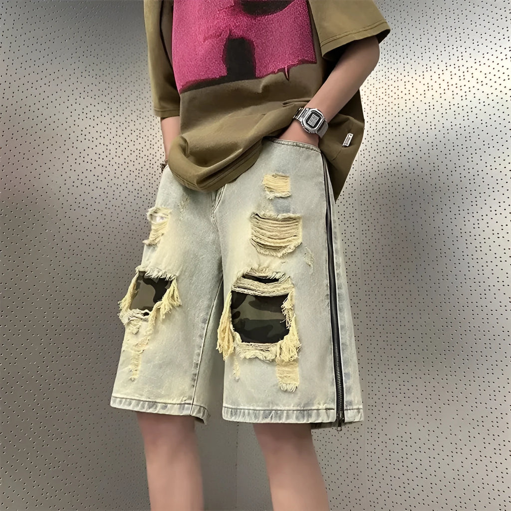 Men's yellow mud camouflage denim shorts with ripped detailing and straight cut Korean style design