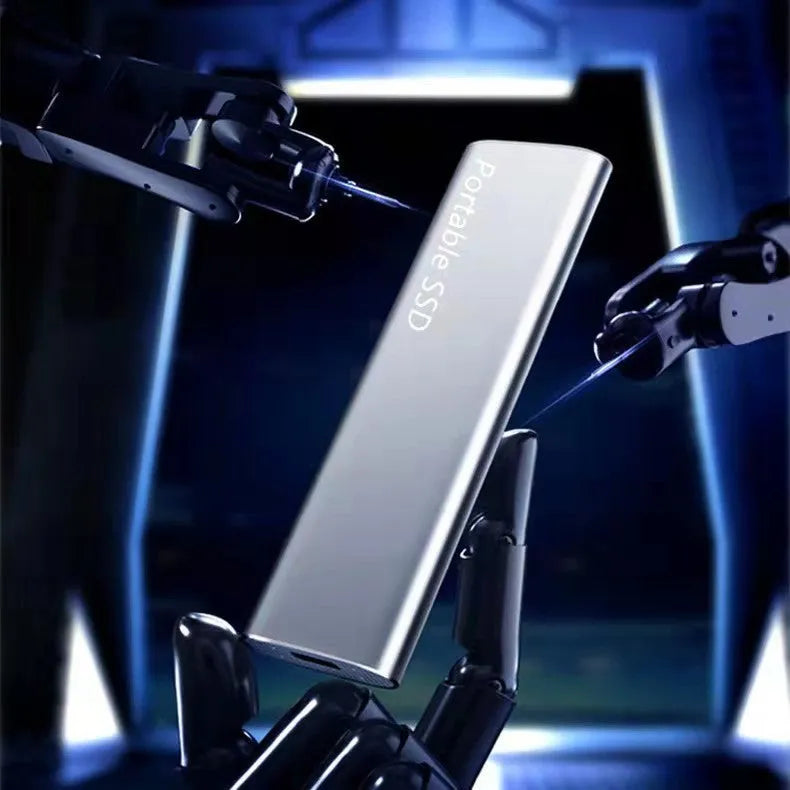 Ultra-thin metal mobile SSD external hard drive showing multiple capacity options and colour interfaces