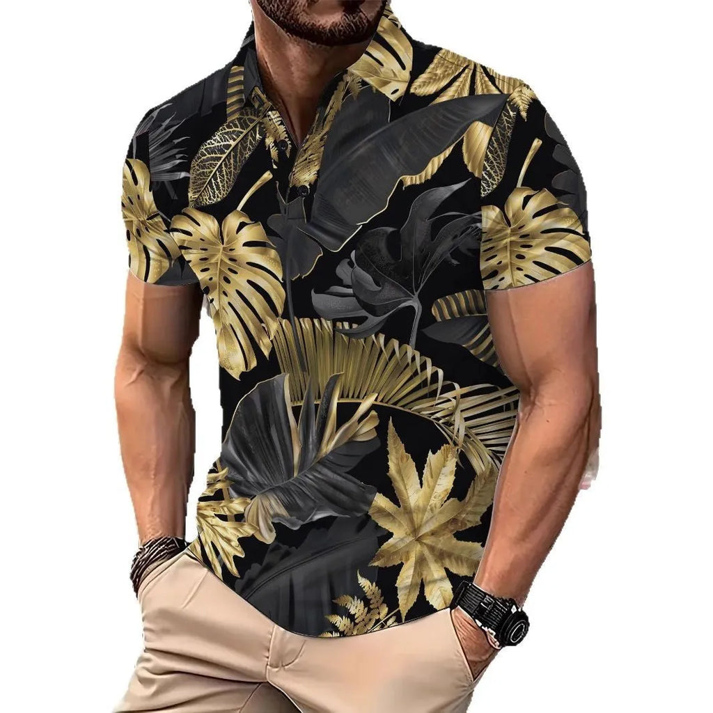Men's gold colour shirt with tropical plant pattern print and short sleeves