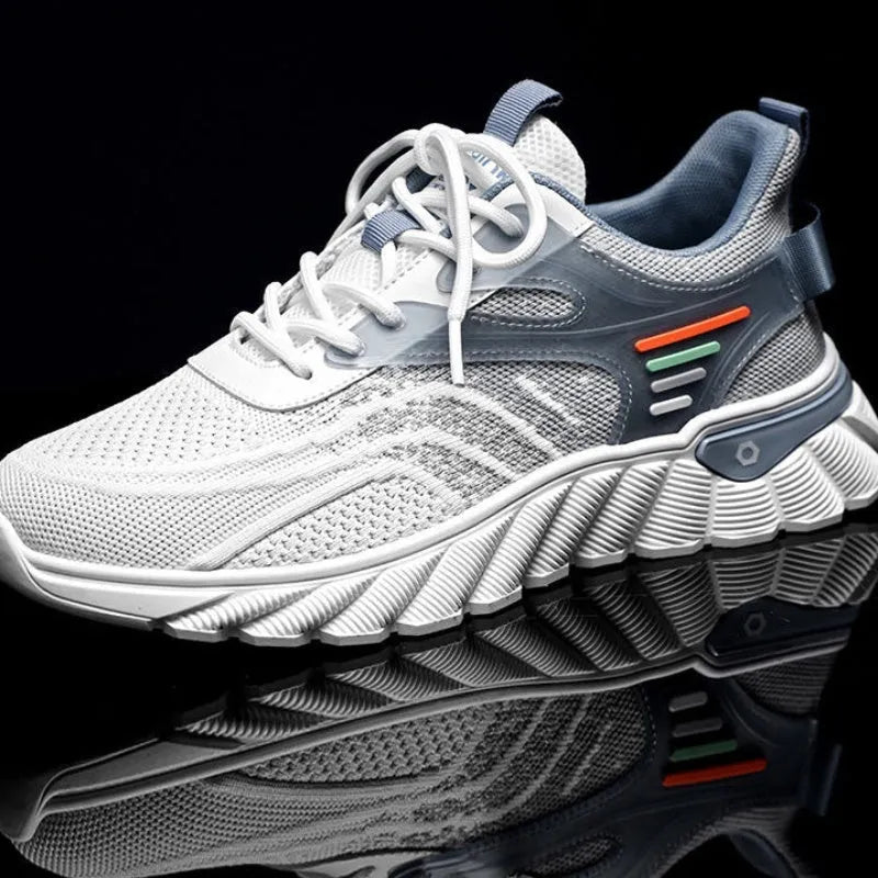 Men's platform casual shoes with cross straps on mesh upper and rubber sole in black colour