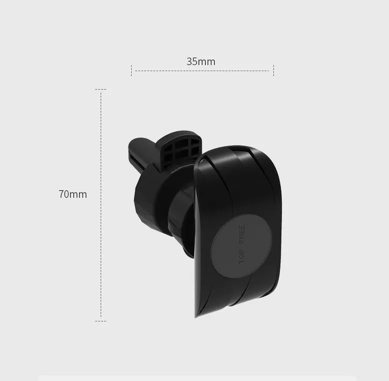 Black car phone holder mounted on car air vent with adjustable clamp mechanism